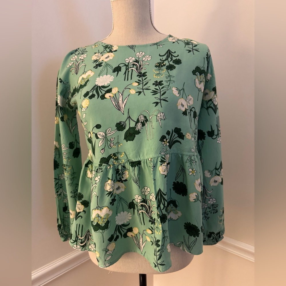 LOFT Teal Floral Ruffle Long Sleeve Lightweight Blouse Size XS